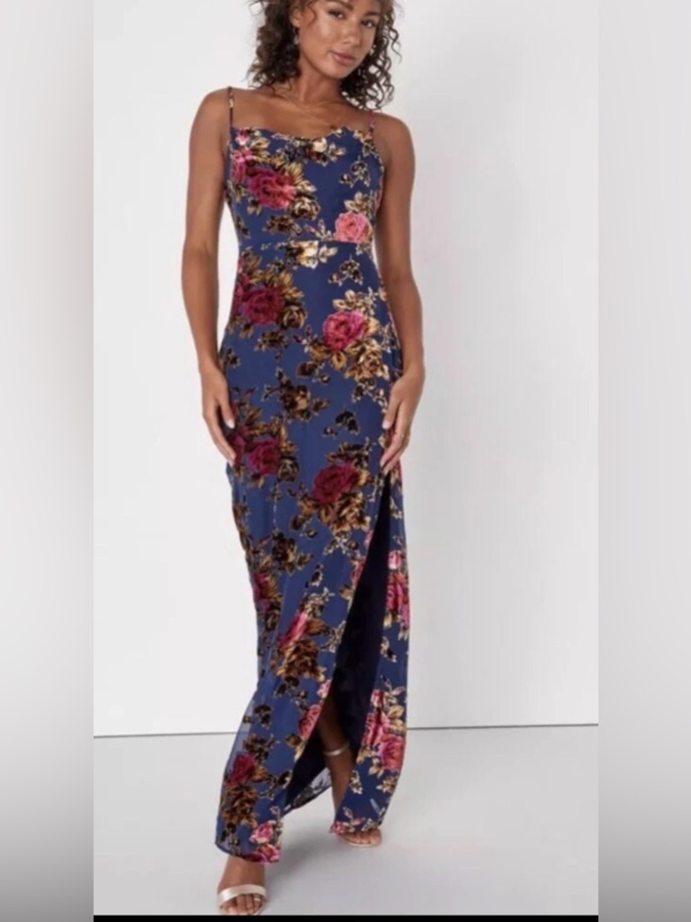 Lulu's Navy Floral Spaghetti-Strap Maxi Dress with Side Slit Small